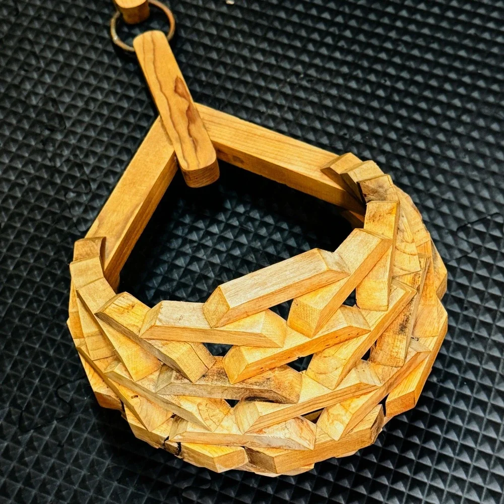 Vintage Hanging Basket MCM Wood Slat Articulated Ring Handle Handmade Folk Art